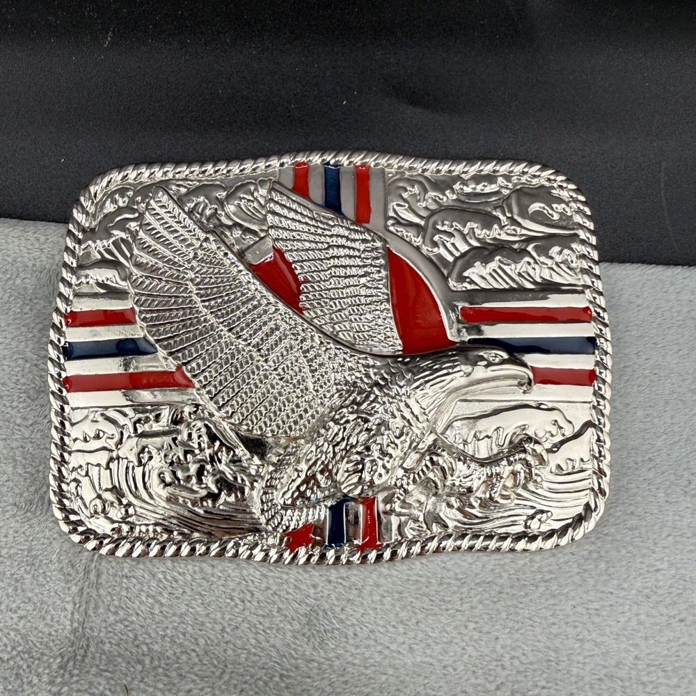 Vintage Estate Belt Buckle Silver Tone Eagle Hawk Enamel Patriotic Red White